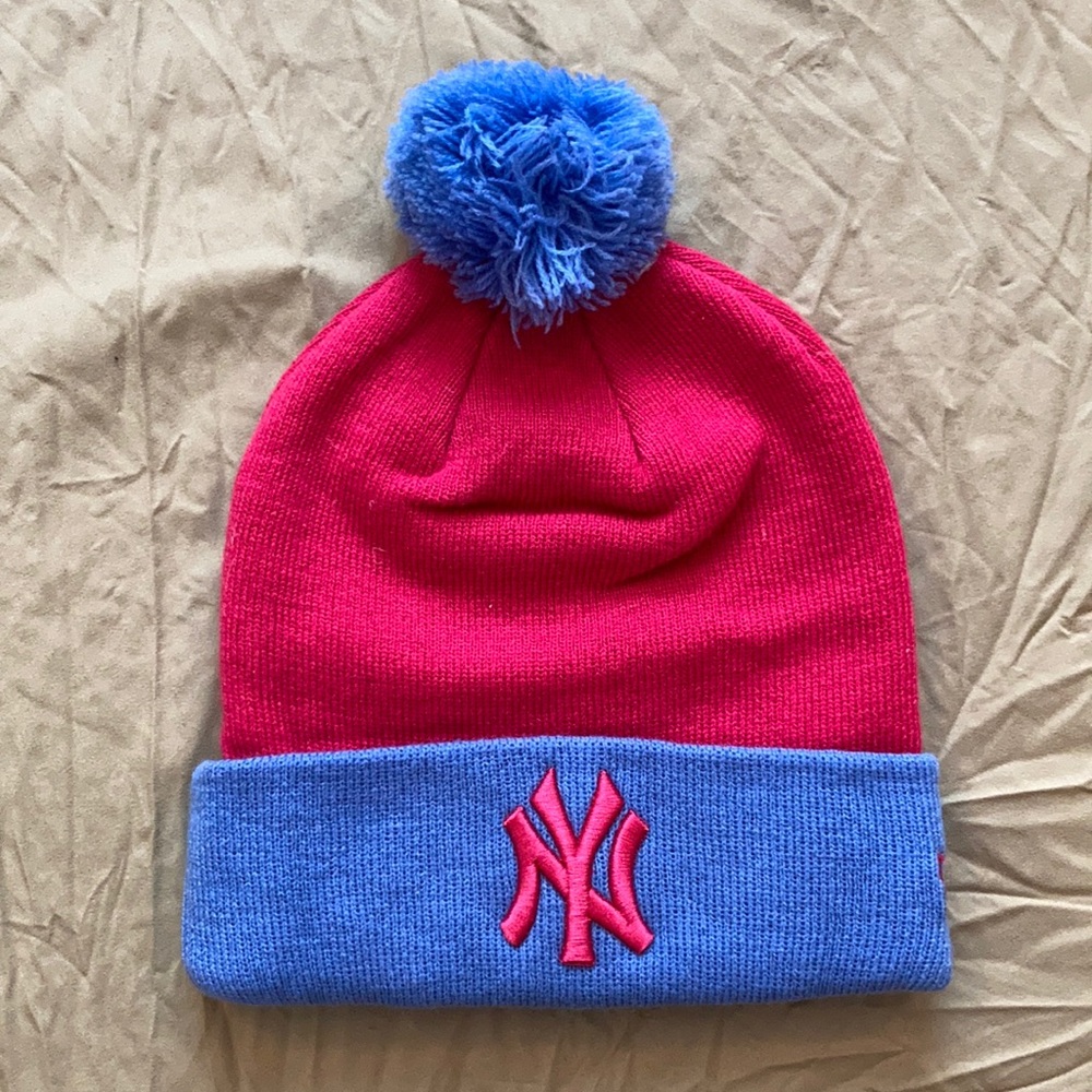 Beanie, pink and blue, NY Yankees